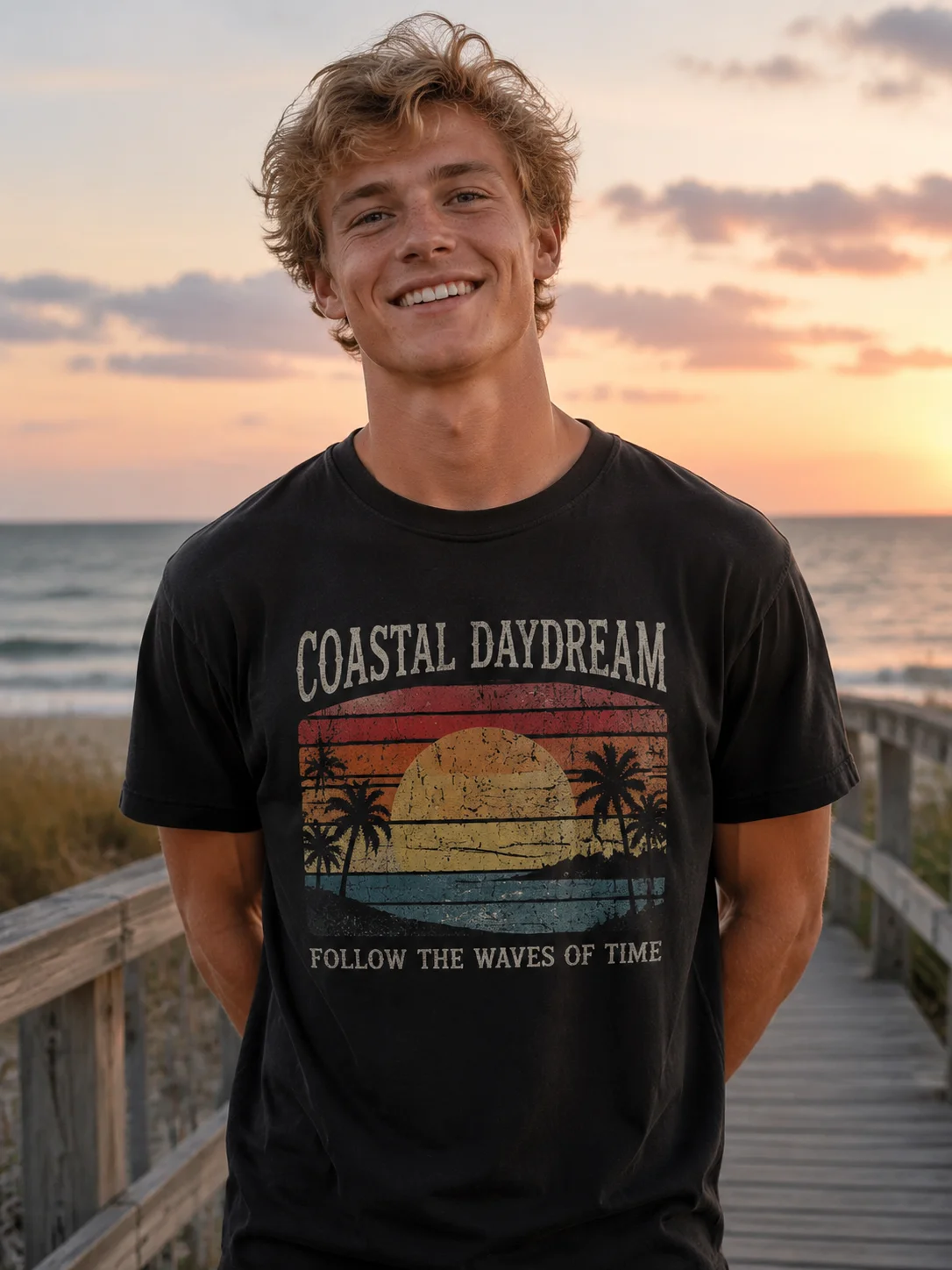 

Men Graphic T Shirt Short Sleeve Loose Fit 50% Cotton 50% Polyester Stretch Coastal Palm Sunset Print Casual Summer Daily