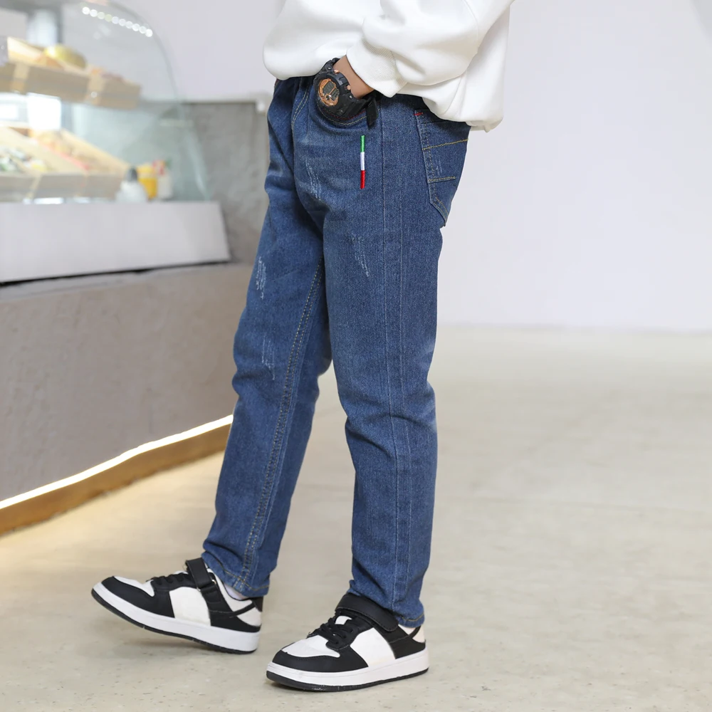 IENENS Kids Slim Jeans Teens Boy Casual Trousers Child Elastic Waist Pants 4-11 Years Fashion Solid Color Straight Denim Pants