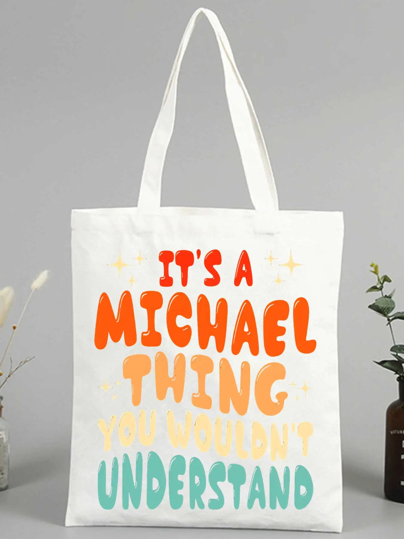 slogan-style graphic canvas tote bag, casual daily shopping and weekend outings