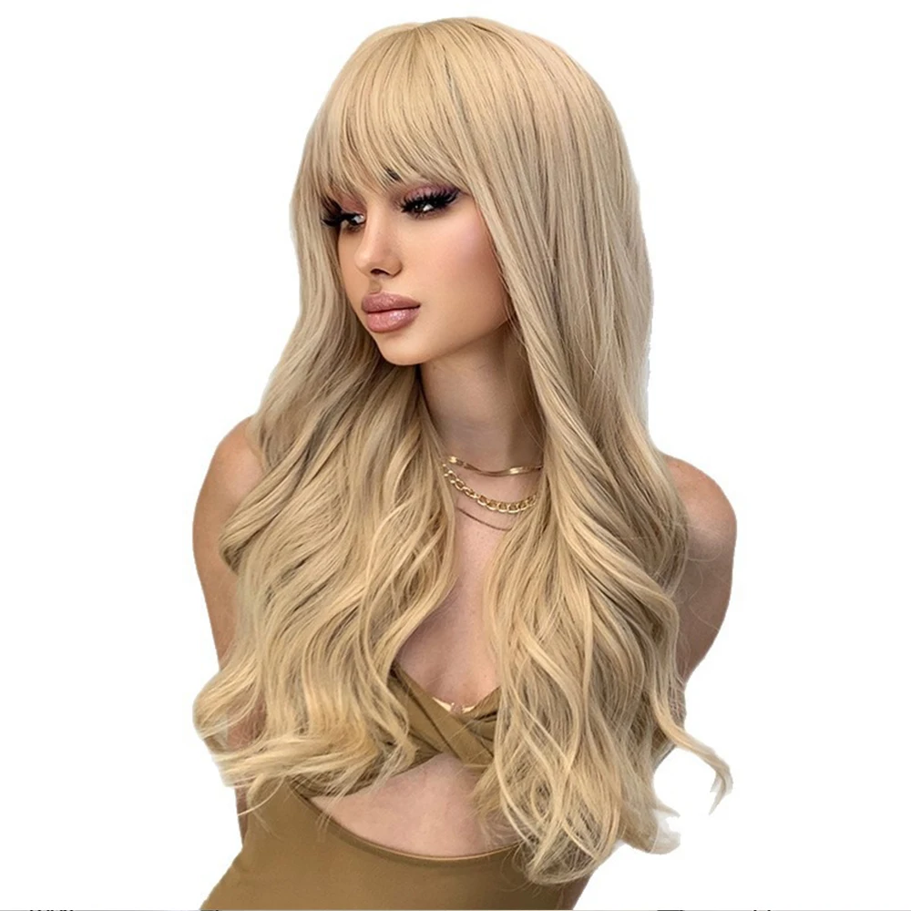 Loira ondulada perucas sintéticas com franja natural cabelo longo para mulheres festa diária lolita cosplay peruca sem cola resistente ao calor
