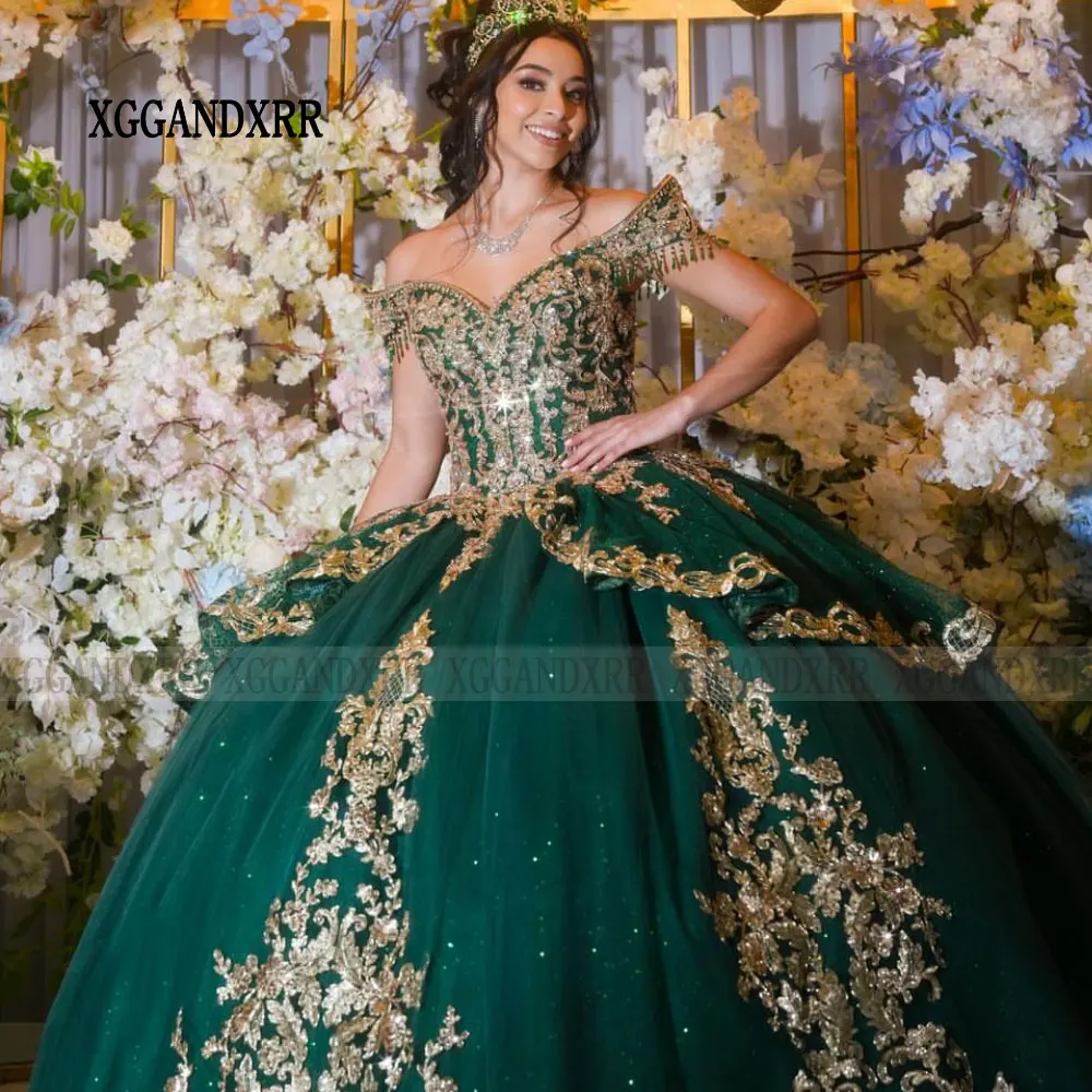 Vestido verde De quinceañera, traje con hombros descubiertos para fiesta De cumpleaños, graduación, ocasión Formal, apliques, 15 y 16 Años, 2025