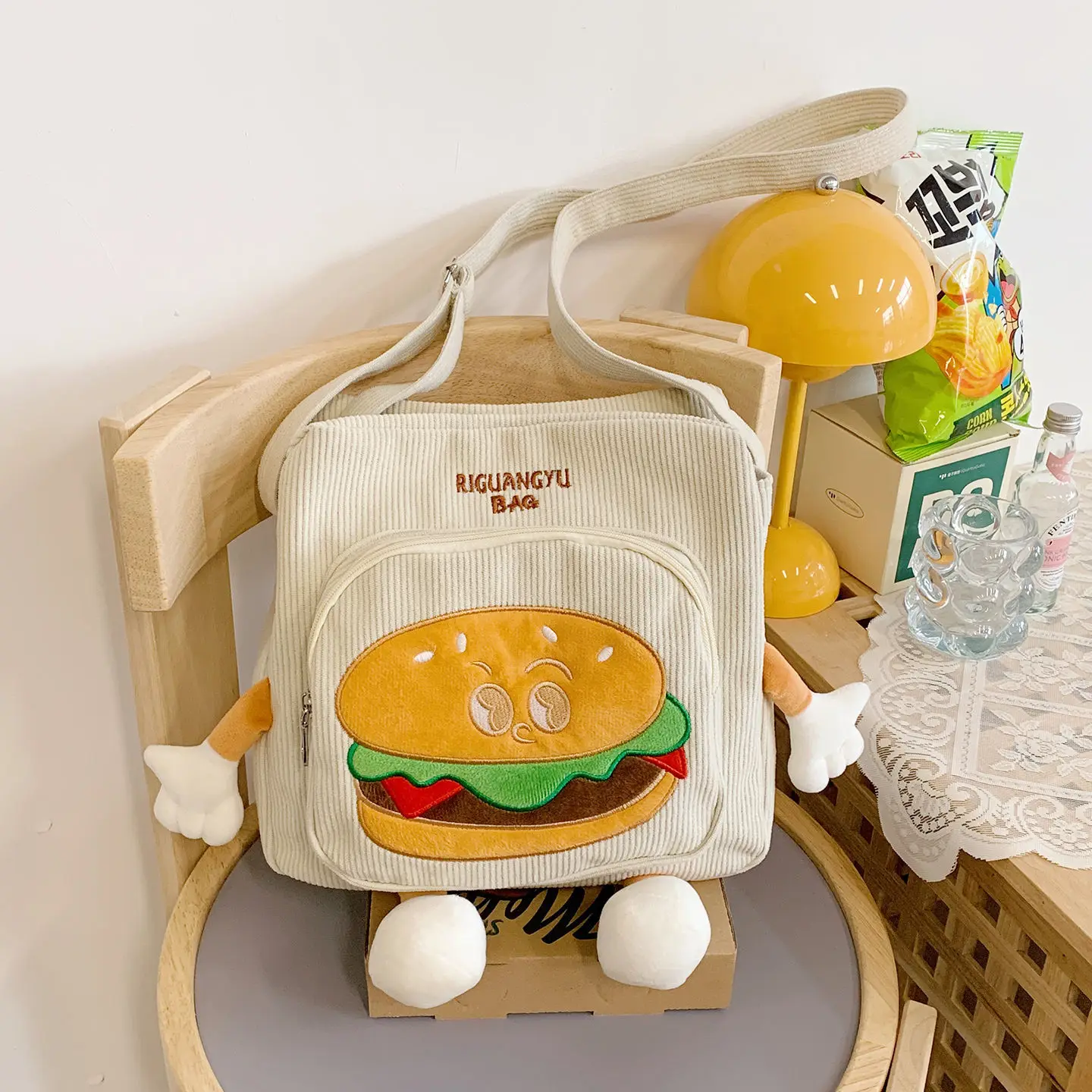 

2025 New Japanese Hamburger Backpack Women Ins Ugly-Cute Corduroy Niche Cartoon Girl Shoulder Bag