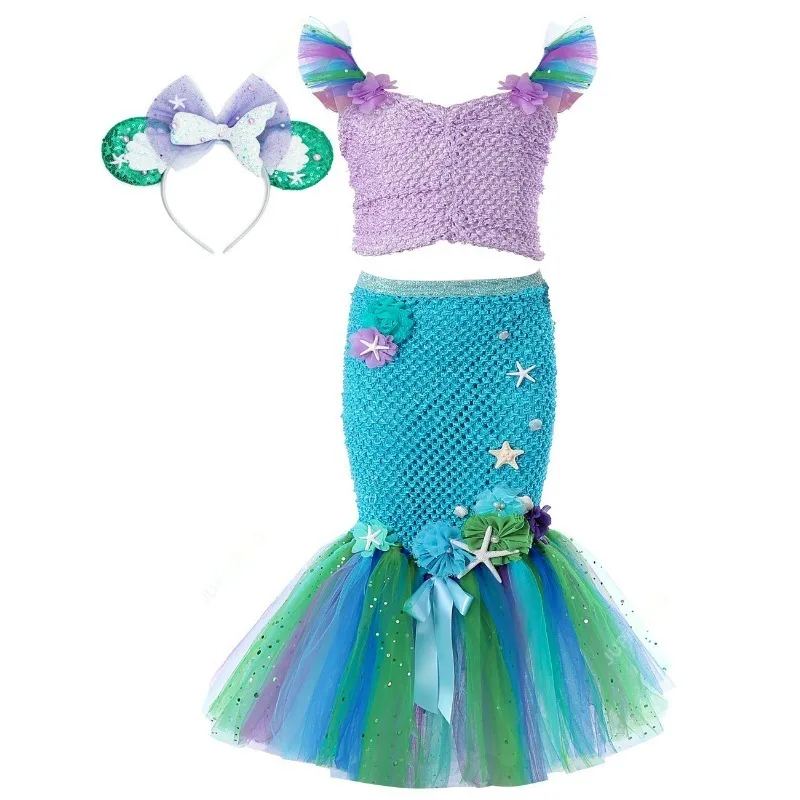 Sparkly Mermaid Princess Dresses for Baby Girls Sea-maid Birthday Party Outfit Kids Halloween Costumes Ocean Trumpet Tutus 2-10Y