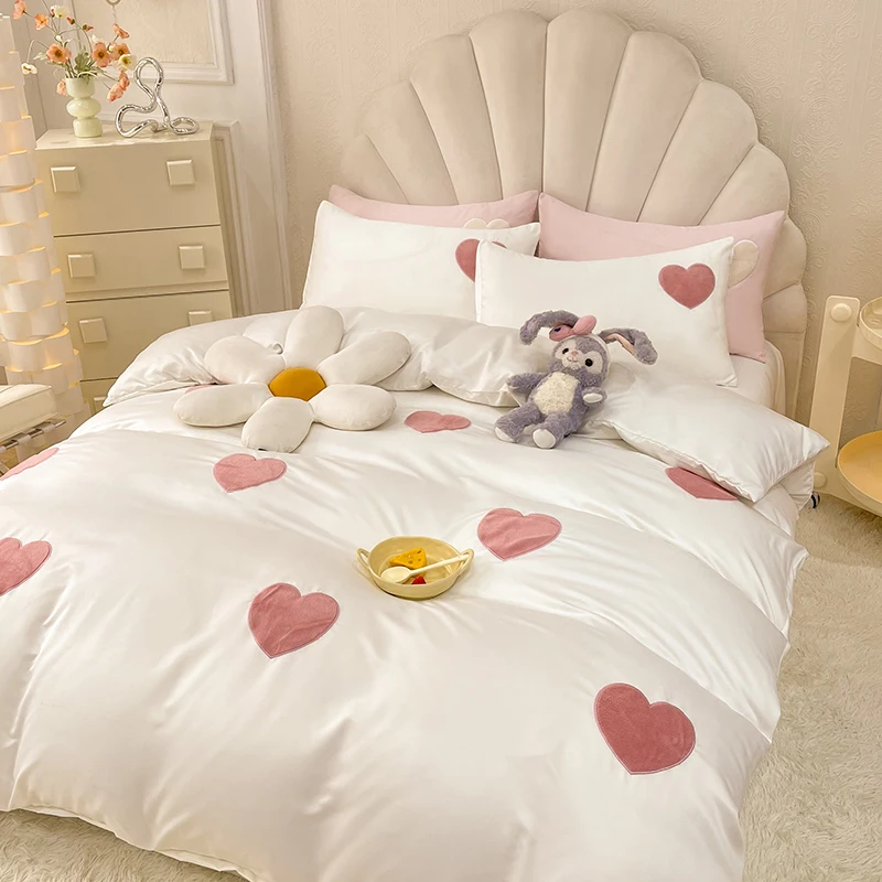 Ins Love Heart Bedding Set Princess Duvet Cover Sheets With Bedspread Single Twin Full Queen Double Size Bedroom Decor For Home