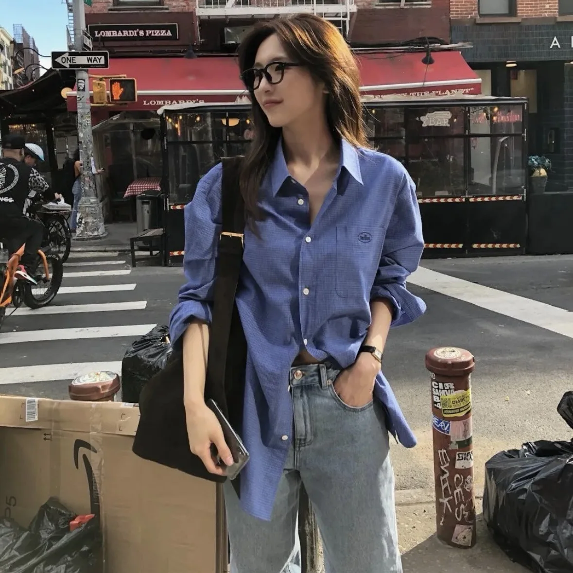 Thebarnnet Corea Camisa holgada, versátil, informal, a cuadros pequeños, de manga larga, blusa azul para mujer