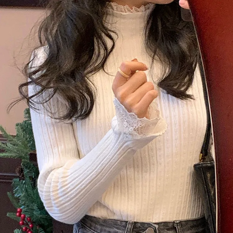 

French patchwork lace inner knitted sweater for women in autumn and winter slim fit and slimming half high neck sweater