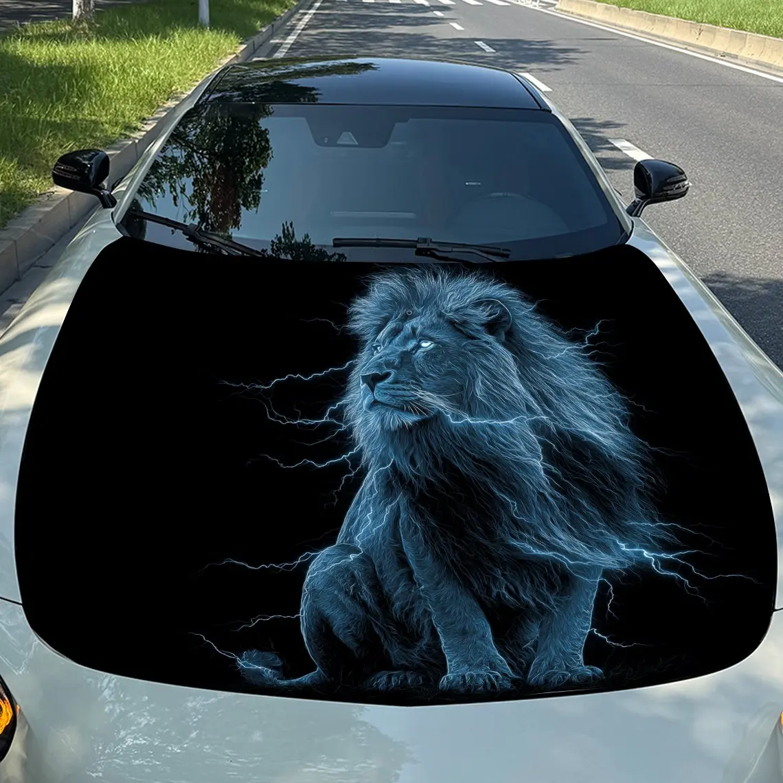 

Electric Blue Lion Car Vinyl Wrap, PVC Waterproof Car Hood Sticker, Self-Adhesive Scratch-Resistant Stickers for Engine Cover, C