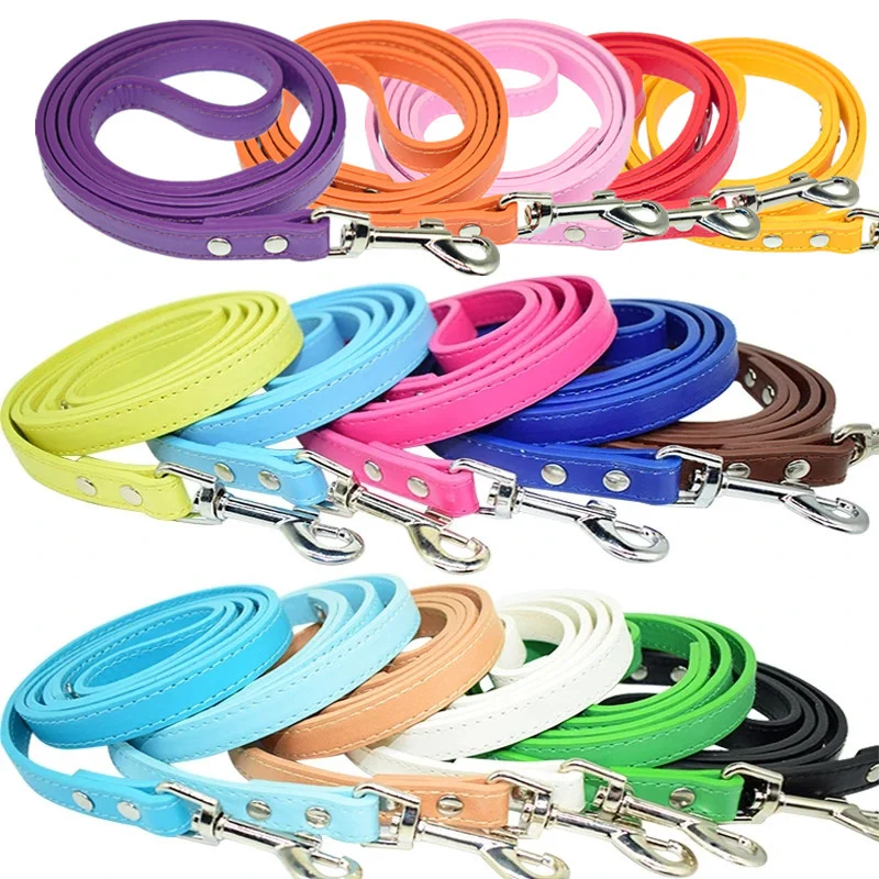 Solid Pu Leather Dog Leashes Small Pet Walking Leash Adjustable 47\'\' Dog Leads Puppy Pet Supplies Black Pink Red Blue Purple