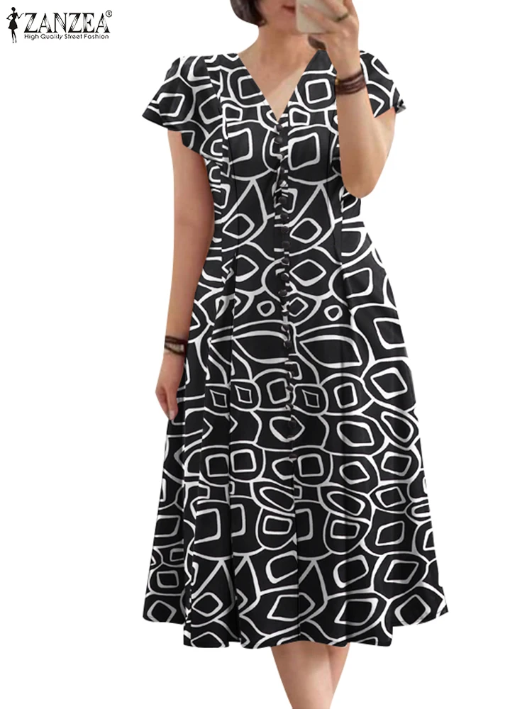 ZANZEA Elegant Short Sleeve Midi Dress Women V Neck Summer 2024 All-Over Printed Party Robes Fashion Ruffled A-line Vestidos