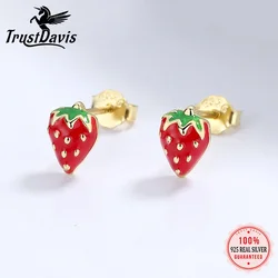 TrustDavis Real 925 Sterling Silver Lovely Strawberry Stud Earrings Birthday Gift For Girls School Party Silver Jewelry DS3450