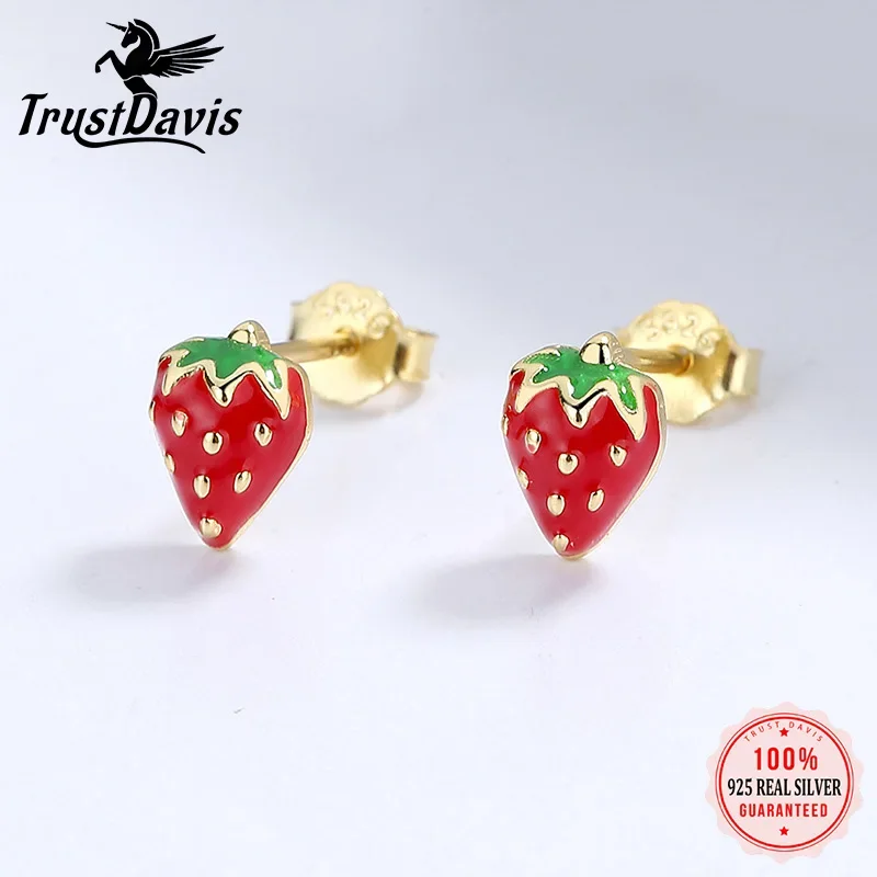 TrustDavis Real 925 Sterling Silver Lovely Strawberry Stud Earrings Birthday Gift For Girls School Party Silver Jewelry DS3450