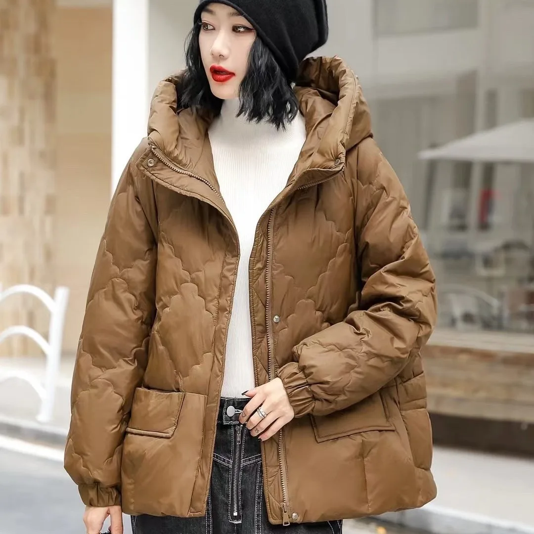 Fashion Casual New Winter Women Solid Color Loose Hooded Down Jacket White Duck Down Thickened Warm Woman's Quilted Jacket