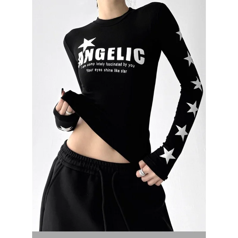 Autumn New American Retro Salt Star Printed Long-sleeved T-shirt Tops Versatile Tops