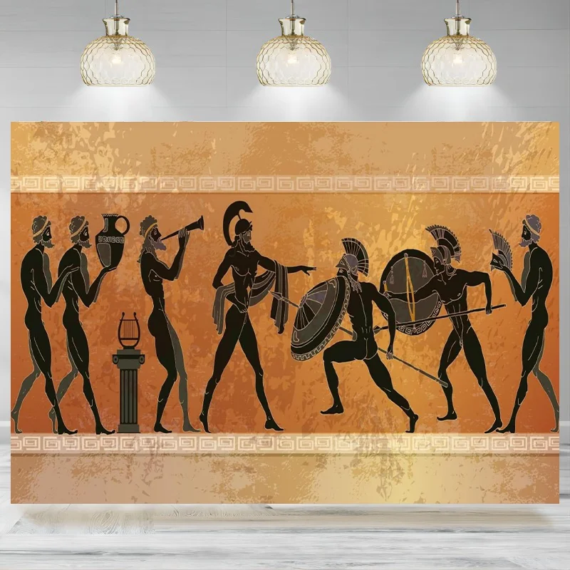 Ancient Greece Warrior Backdrop Pottery Warriors Figures Spartans Gods Background Greek Party Decoration Photographic Banner