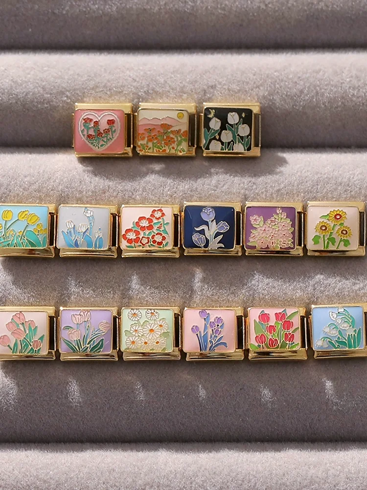 Nouveau couleur or printemps été fleurs Rose tournesol tulipe bricolage italien charme liens ajustement 9mm Bracelet en acier inoxydable femmes