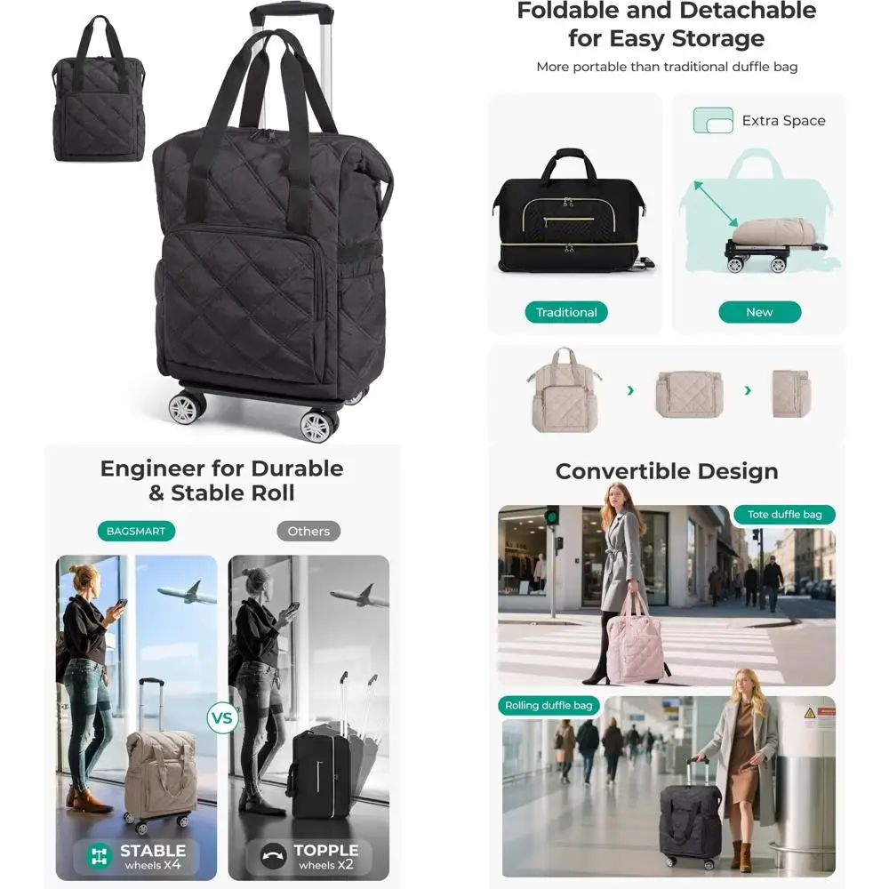 

35L Rolling Duffle Bag with Detachable Wheels, Carry-On Travel Bag, PVC Wet Pocket, Luggage for Travel