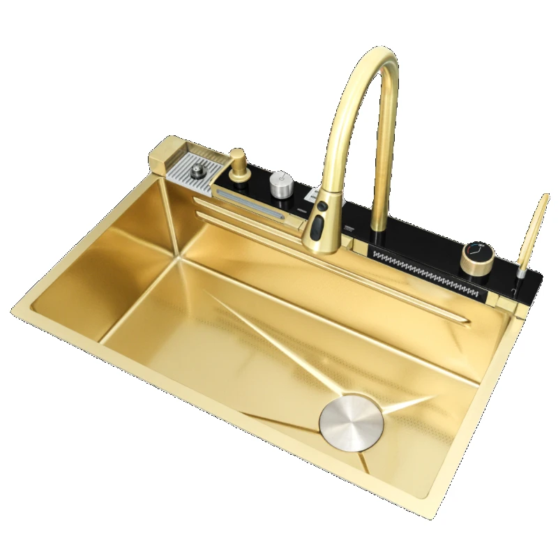 Honeycomb gold whale piano digital display rain waterfall sink large single sink 304 stainless steel kitchen sink