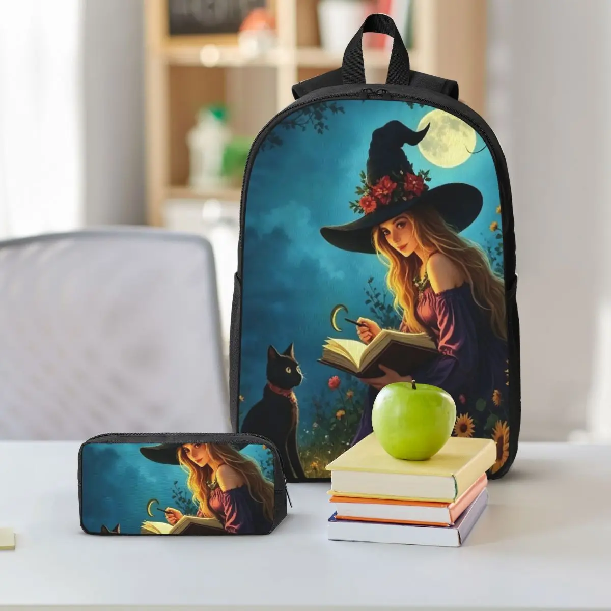 Witch Reading Books In Enchanted Forest Backpack Student BookBag School Bag Shoulder Bags 3ps Insulated Lunch Bag Pencil Case