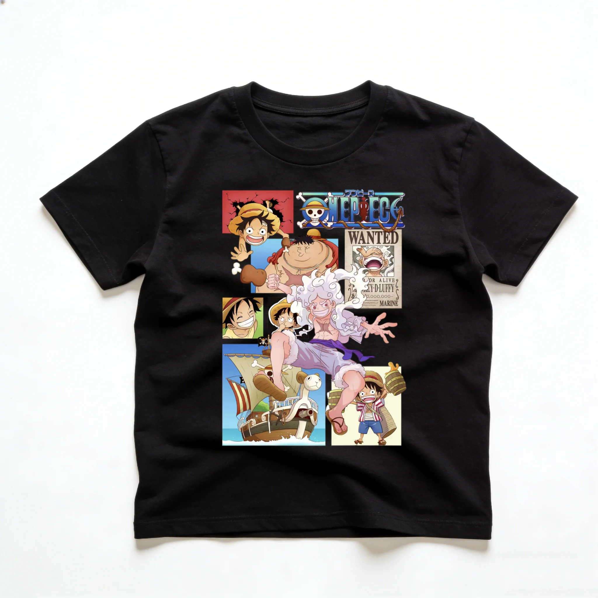 Adult and Child One Piece Luffy Growth Chart! Gear Fifth / Childhood / Wanted Poster Collage Cotton T-Shirt