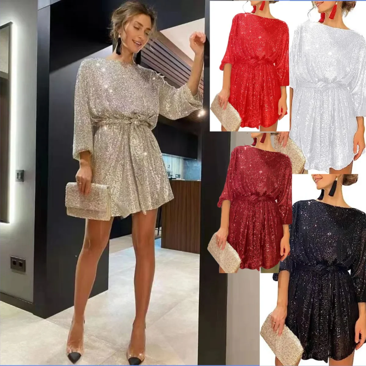 Women's New Sequin Crew Neck Long Sleeve Beaded Dress with Belt Party Banquet Dress Cocktail Evening Gown Vestidos Elegantes