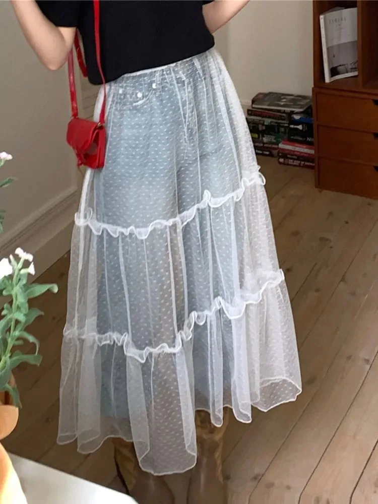 2025 Faldas Mujer De Moda Skirt Women's Clothing Gauze Ruffles Jupe Fashion Summer Saia Fashion Casual See Through Long Skirts