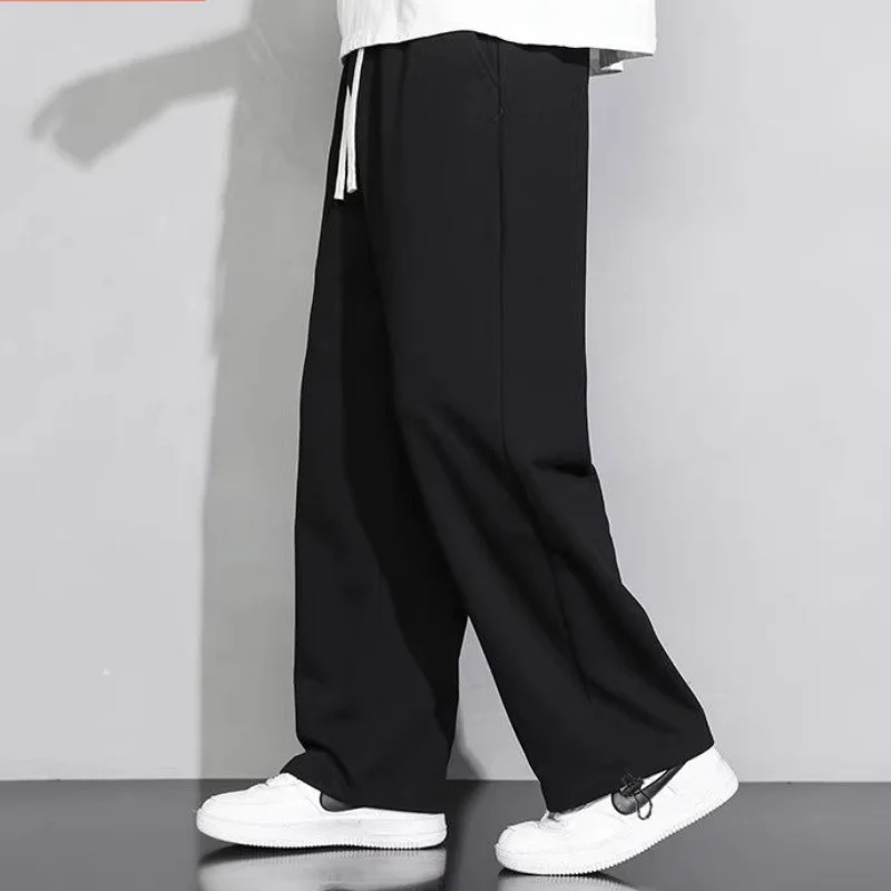 Autumn Winter New Fleece Versatile Casual Pants Men Korean Solid Elastic Waist Drawstring Pockets Straight Loose Sports Trousers