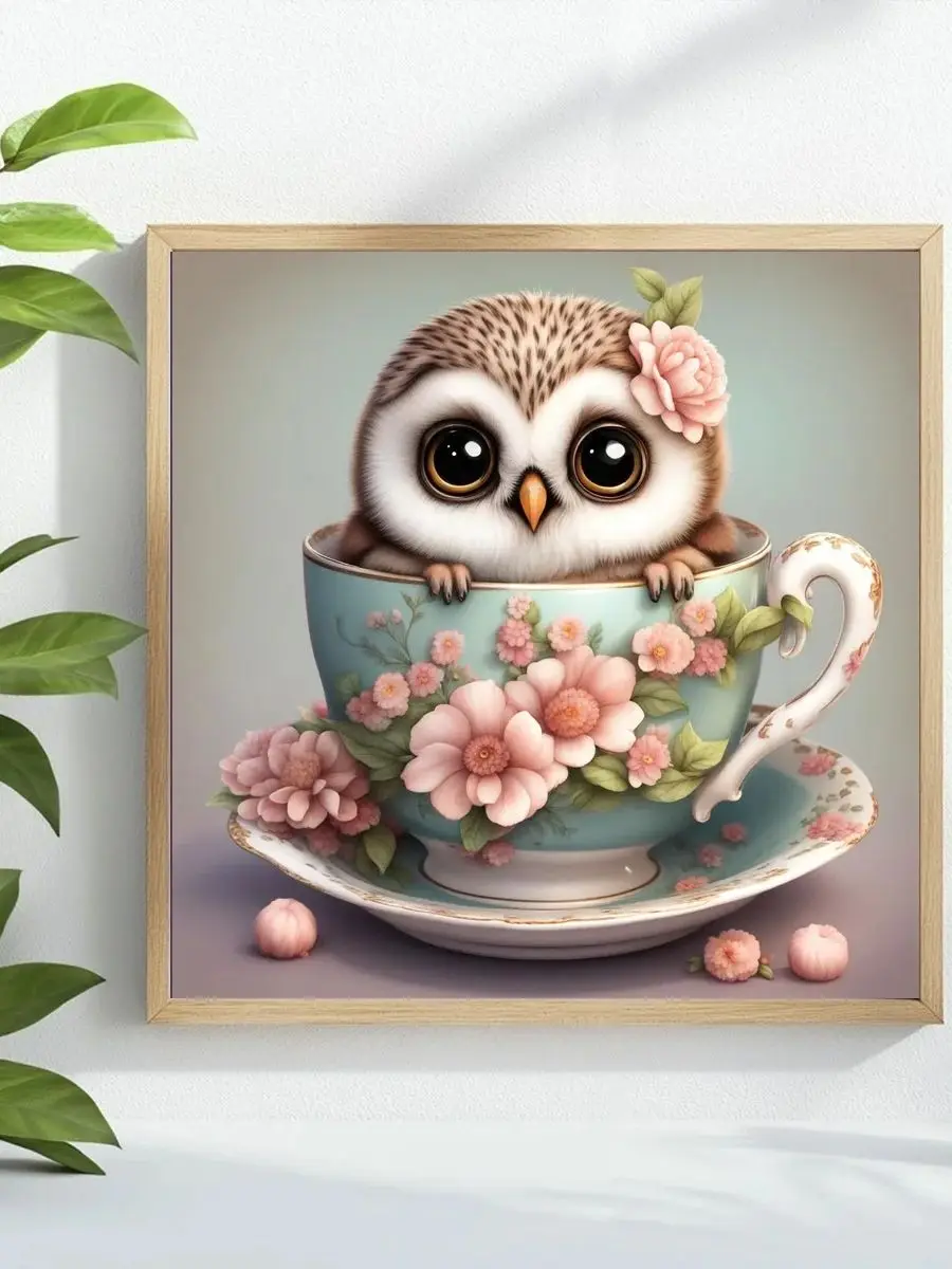 1 Stück 40x40 cm/15,74 Zoll, 11CT/14CT Druck Kreuzstich DIY-Set Neujahrsgeschenk, entspanntes Stickset für Anfänger, Eule in einer Tasse – Detail 1