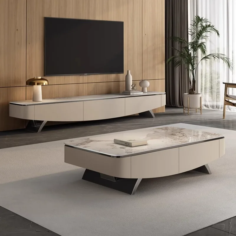 

Rock slab light luxury coffee table TV cabinet combination simple modern small apartment living room high-end solid wood walnut