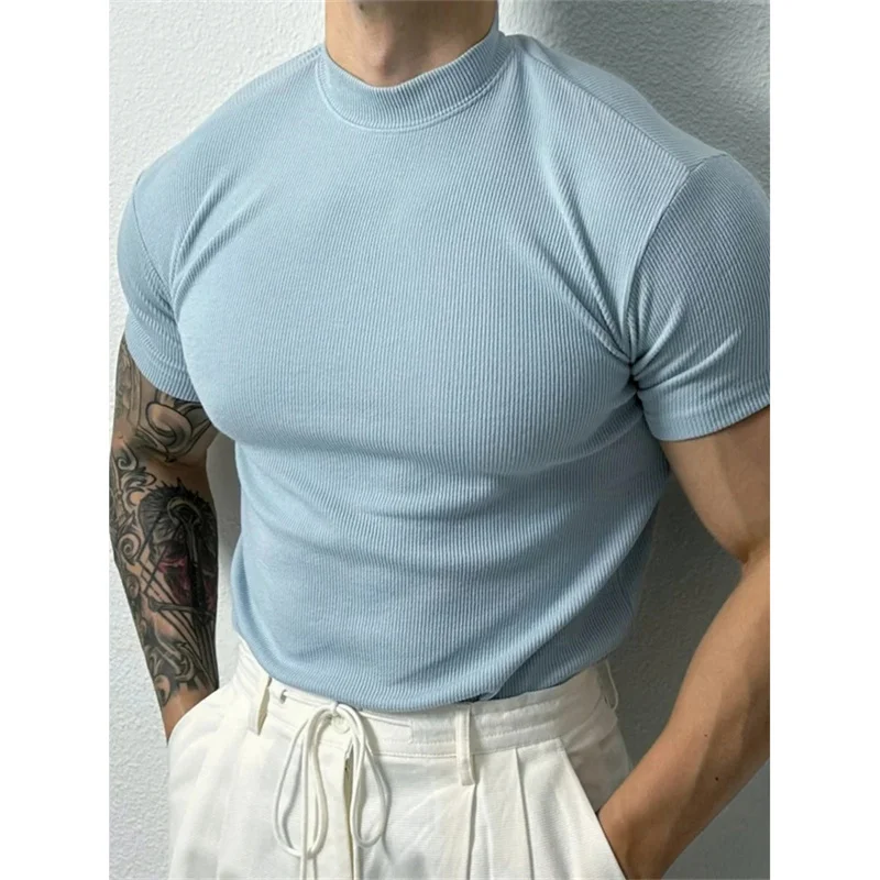NEW spring summer Elastic Comfortable Men\'s T-shirt Small high collar stripe shirt short sleeve fitness top sport casual T-shirt