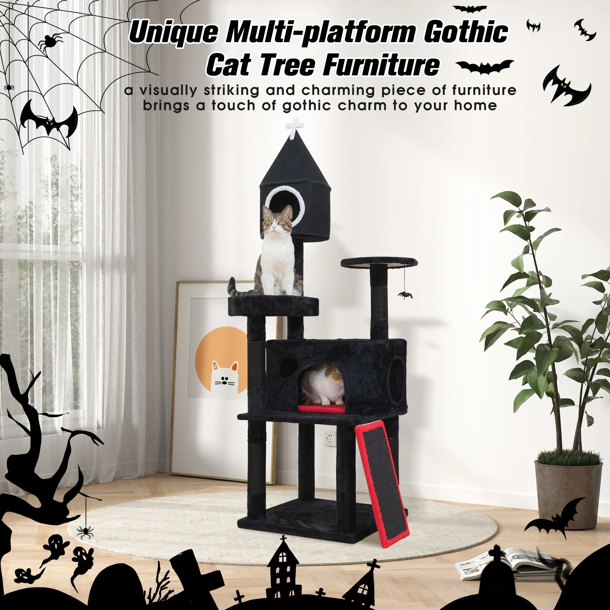 

Cat tree, 64 inch black cat tower, with apartment, platform, sisal grab post, bass, ramp, toys, cat furniture, indoor cat house