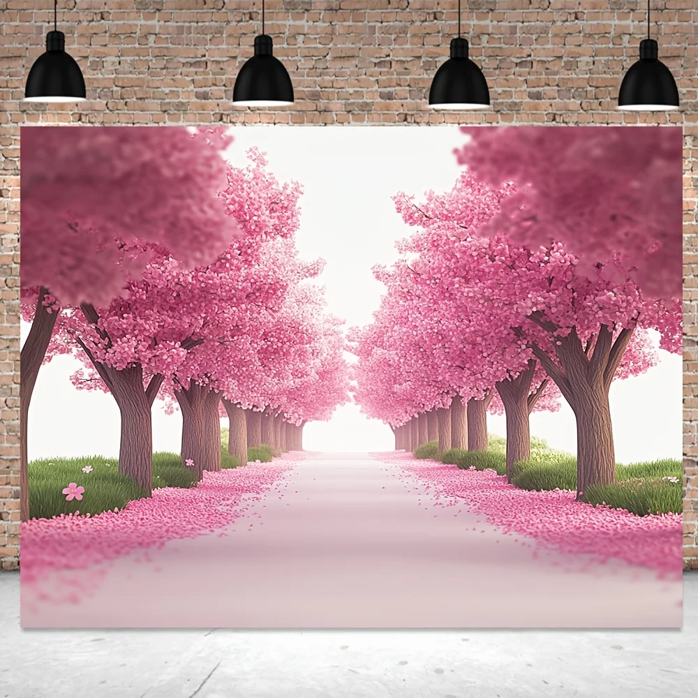 Cherry Blossom Path Wall Art Spring Floral Background Wedding Photo Booth Decor Romantic Garden Scene 2D Flat Printing Home
