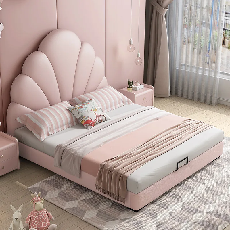 children's bed Modern simple solid wood frame leather bed for kids bedroom furniture