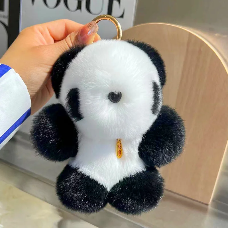 

New Panda Bubu Keychain Bag Pendant Real Mink Fur Cute Panda Bear Doll Keyring Cartoon Small Bear Doll Anime Key Ring Jewelr