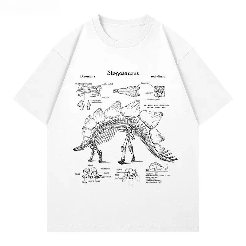2026 Vintage Stegosaurus Dinosaur Skeleton Anatomy Print Short‑Sleeve T‑Shirt For Kids Adults Science Theme Crew Neck Casual Tee