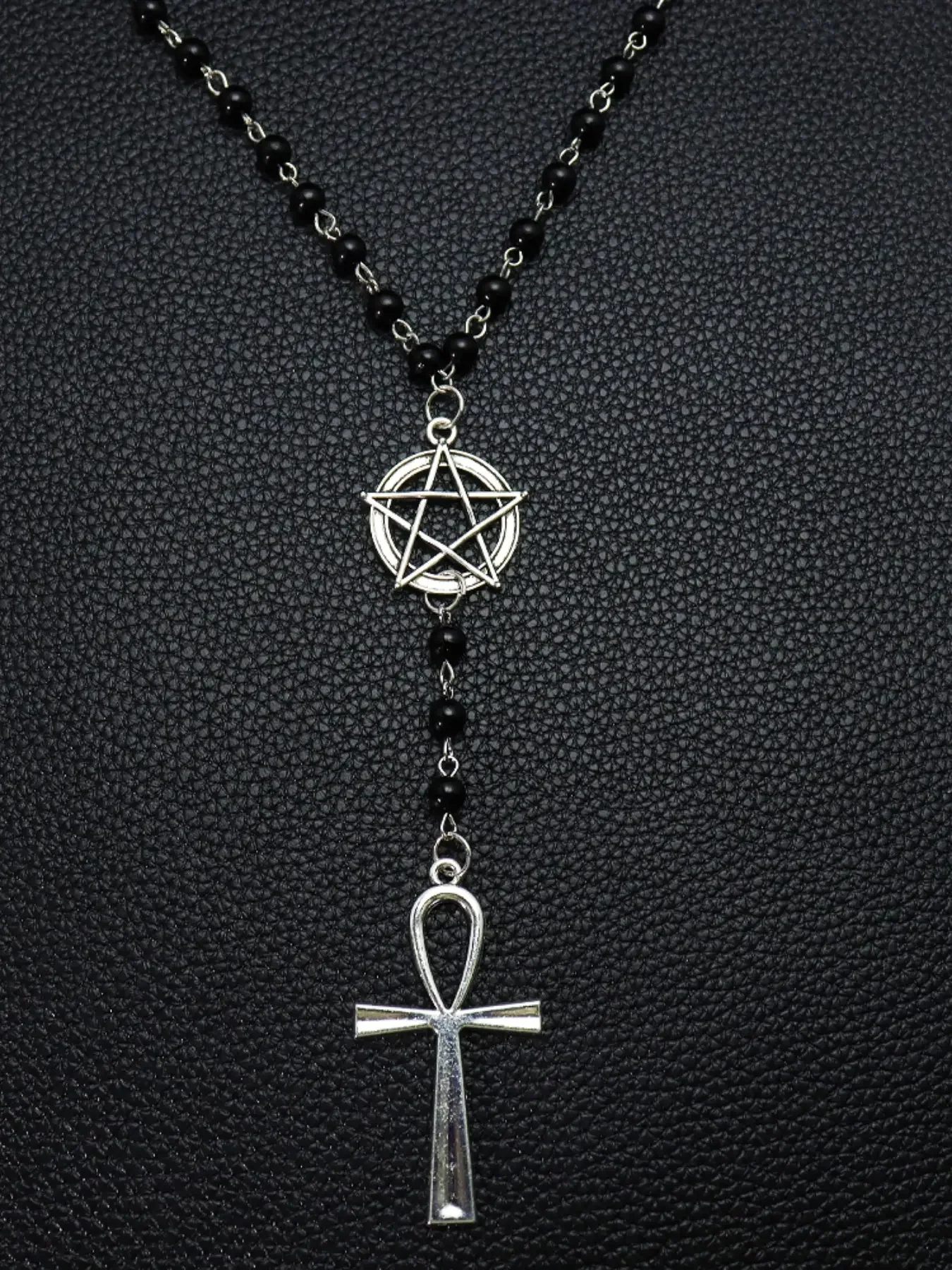Gothic Pentagram Ankh Beaded Necklaces Black beaded chain with crow skull pendant. Ideal for goth girls, witchy aesthetic & alternative fashion. Edgy occult layering jewelry, stand out with dark vibe Gothic Mystery Jewelry Accessory Beaded Chain