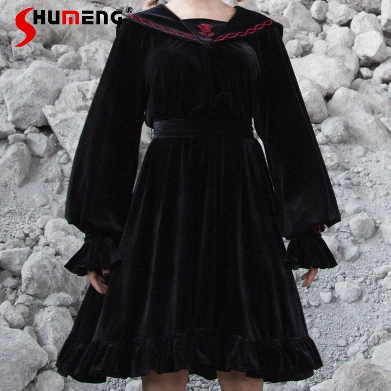 

Women's Clothing Slimming Y2k Vestidos Dark Goth Sailor Collar Rose Embroidered Velvet Lantern Sleeve Christmas Wear Match Dress