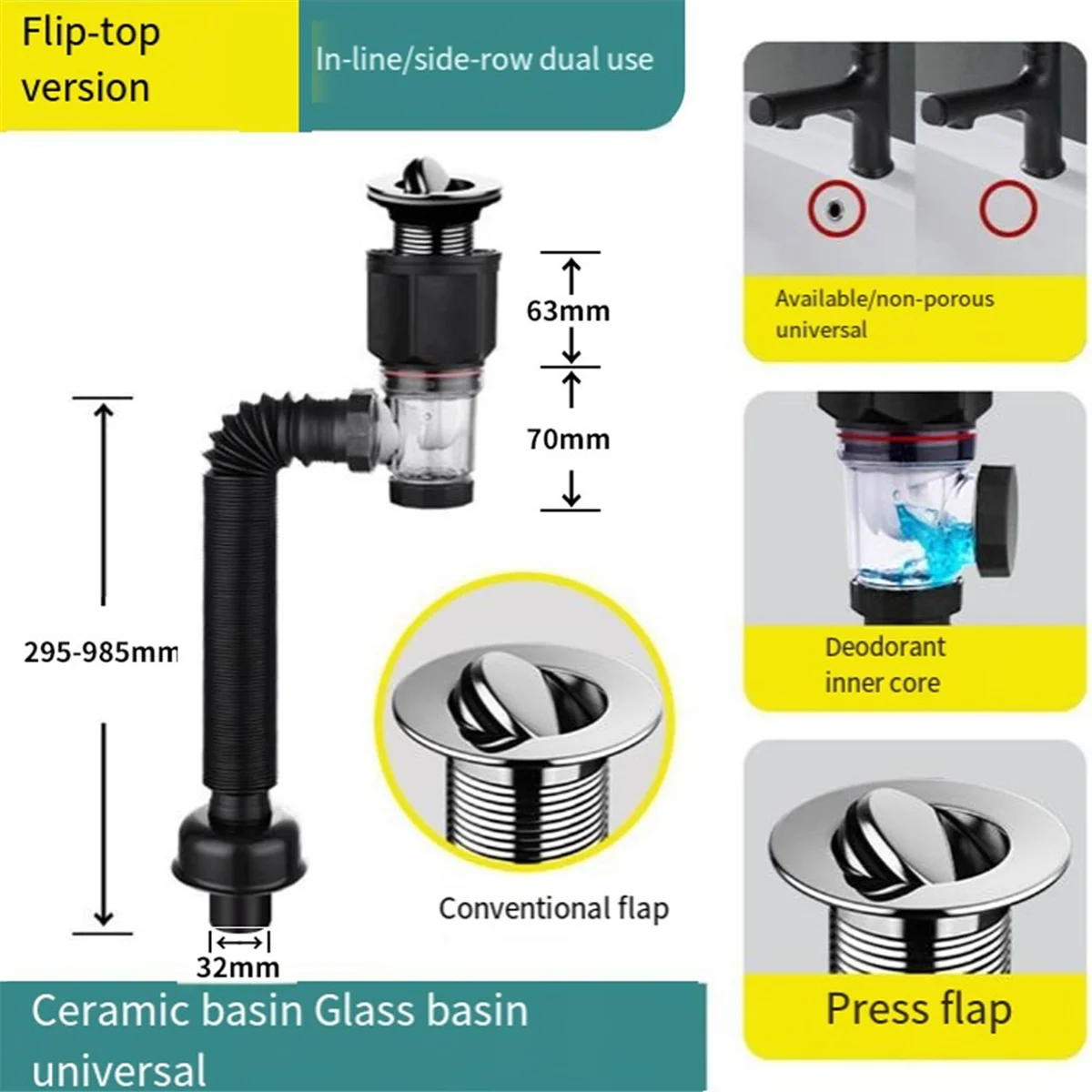 Kit de drenagem pia do banheiro com P-Trap expansível, tubo de tubulação, anti-odor, flexível