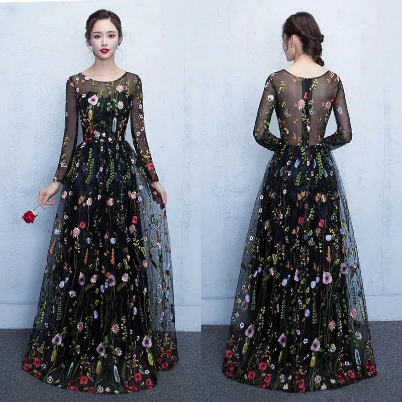 

Evening Dresses Black Embroidery illusion O-neck Full Sleeves Robe De Soiree A-Line Floor-Length Women Party Formal Gowns LX102