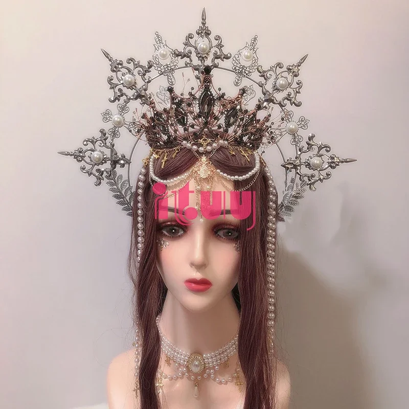 Couronne gothique Halo Lolita, magnifique soleil, chaîne de perles de la vierge marie, couronne Halo noire, couvre-chef d'halloween, accessoires pour cheveux