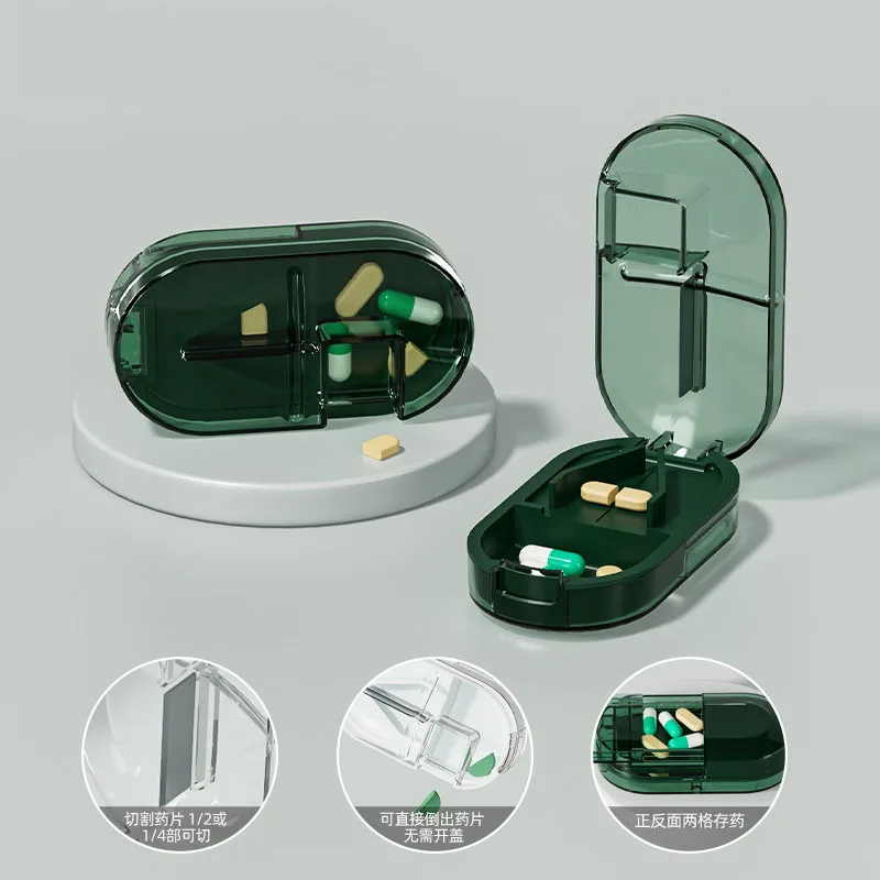 Pill Cutter With Invisible Storage Box Portable 2 In 1 Mini Drug Tablet Medicine Dustproof Divider Organizer Crusher Pill Box