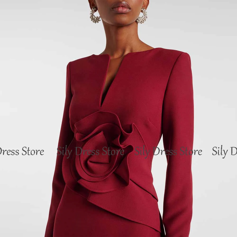 

Formal Special Occasion Dresses Crepe Fabric Sheath/Column Valentine's Day Dress Burgundy Boat Neck 3D flowers Split Prom Dress