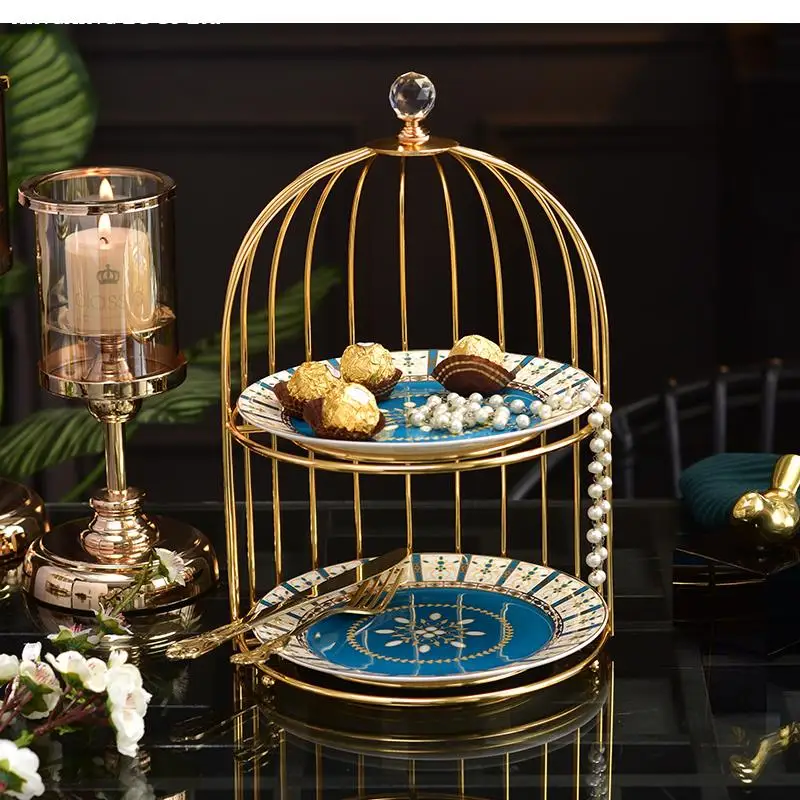 Ceramic Double-layer Tray Dessert Plate Modern Living Room Fruit Snack Dish Household Tableware Bird Cage Cake Stand