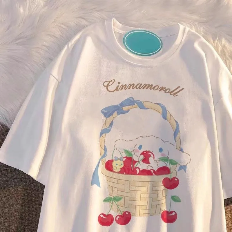

New Summer Cinnamoroll Anime Kawaii Sanrio Casual Children Short Sleeve Shirt Clothing Cute Cartoon Casual Hoodie Gifts