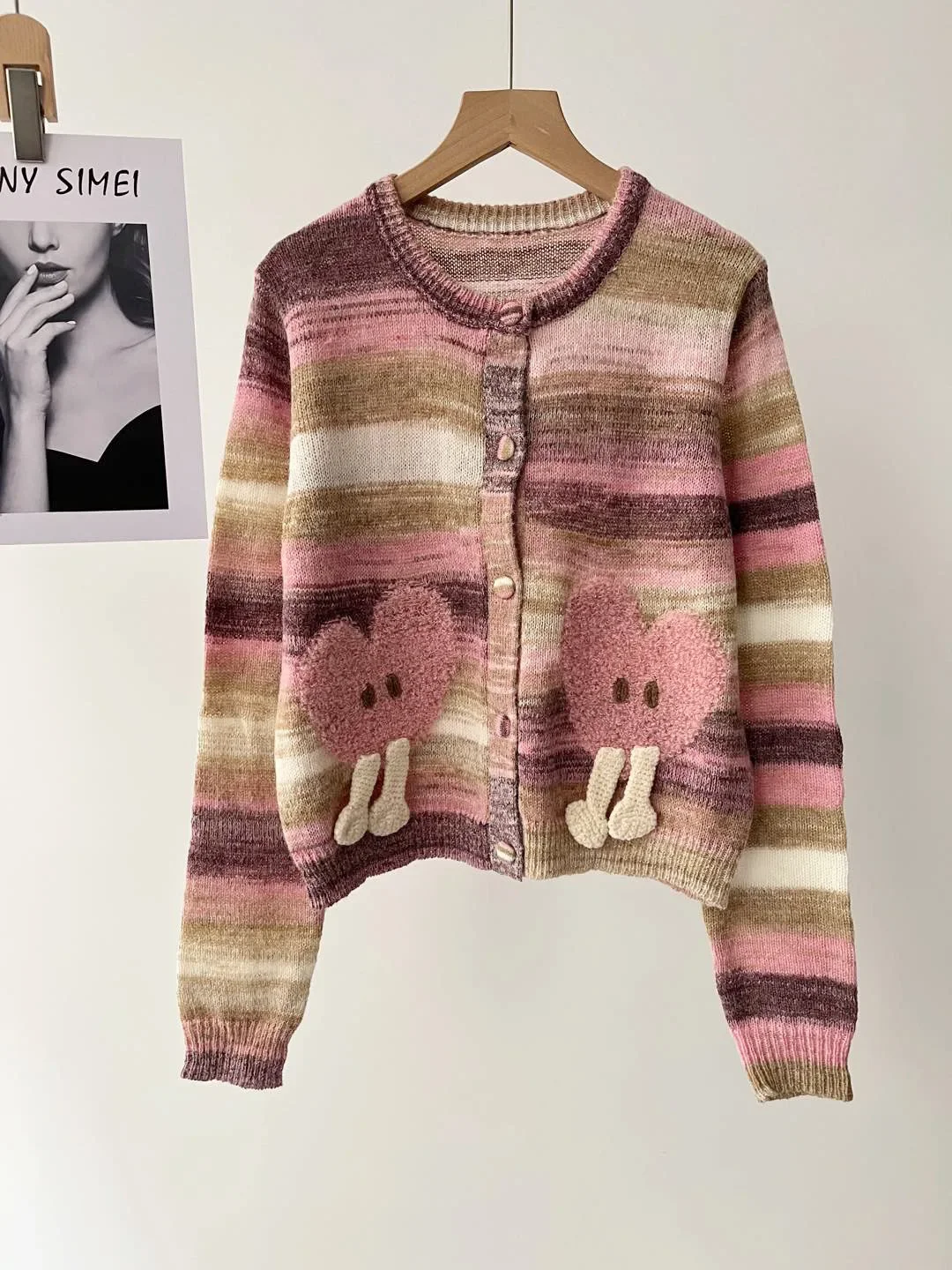 Sweet gradual change striped love short knitted cardigan women's spring and autumn girl wind round neck pink strip coat 025