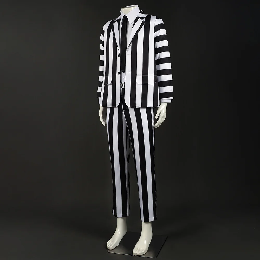 Underworld Master cosplay costume Beetle Juice Michael Keaton black and white striped suit cosplay Halloween costume