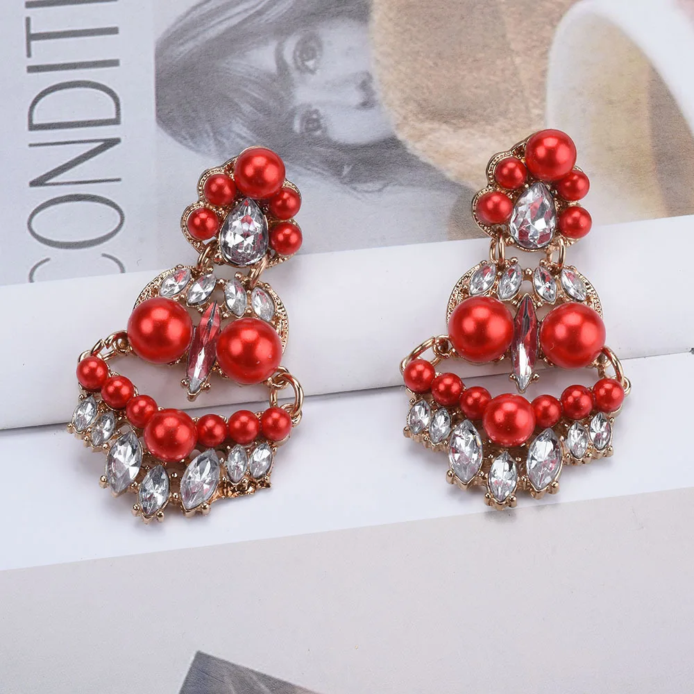 Wind Fashion Earrings Diamond Red Pearl Round Metal Cross-border E-commerce Supply Jewelry Manufacturers Wholesale