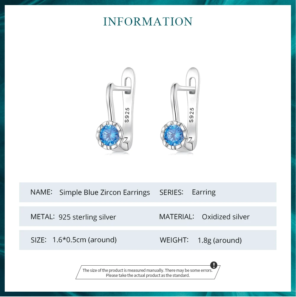 Bamoer 925 Sterling Silver Simple Shiny Blue Zircon Ear Buckles for Women Fine Jewlry Luxury Wedding Gift Stud Earrings BSE686