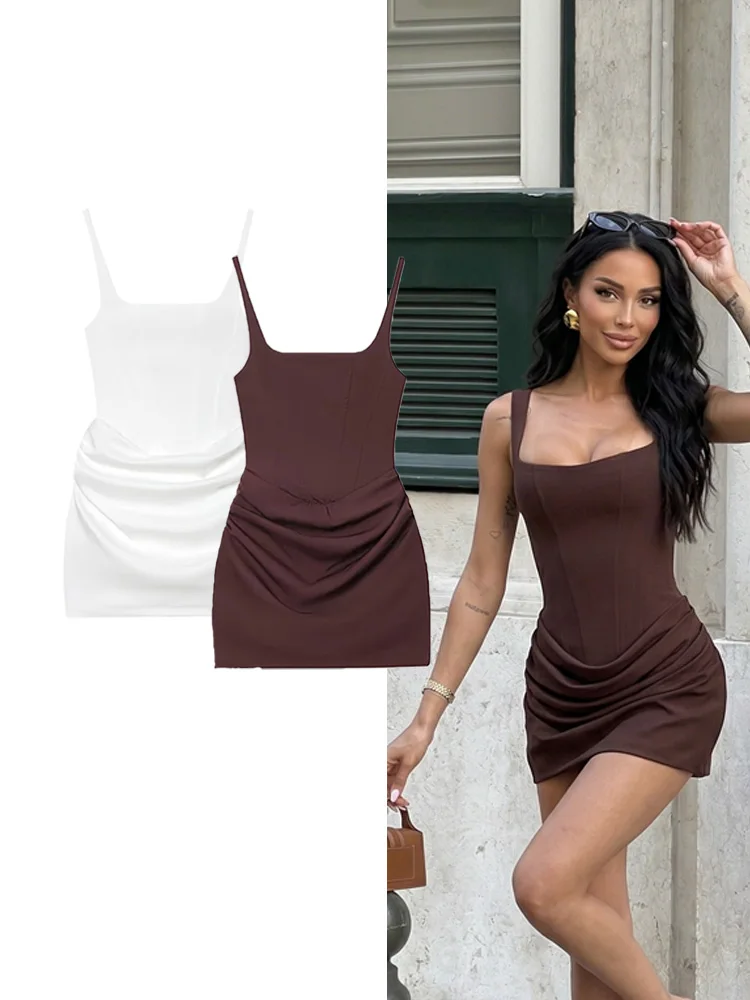 HH Damen Mode Plissiertes Trägerkleid Sexy Rückenfreies Ärmelloses Minikleid Sommer Elegantes Schlankes Party-Abendkleid in Weiß