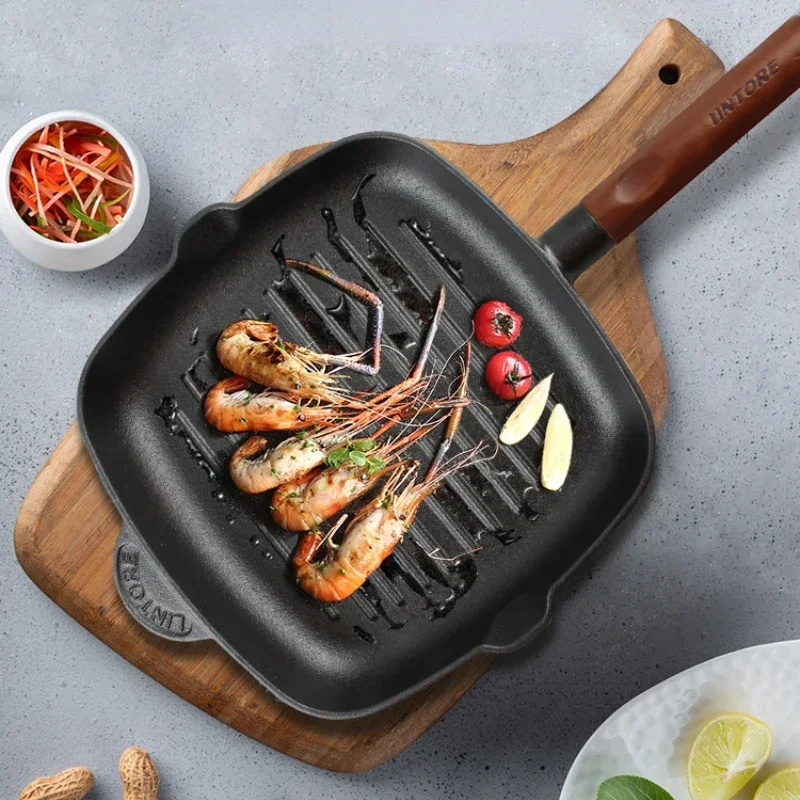 

Cast Iron Steak Frying Pan Household Induction Cooker Nonstick Deep Fryer Pots for Kitchen Uncoated Striped Pan