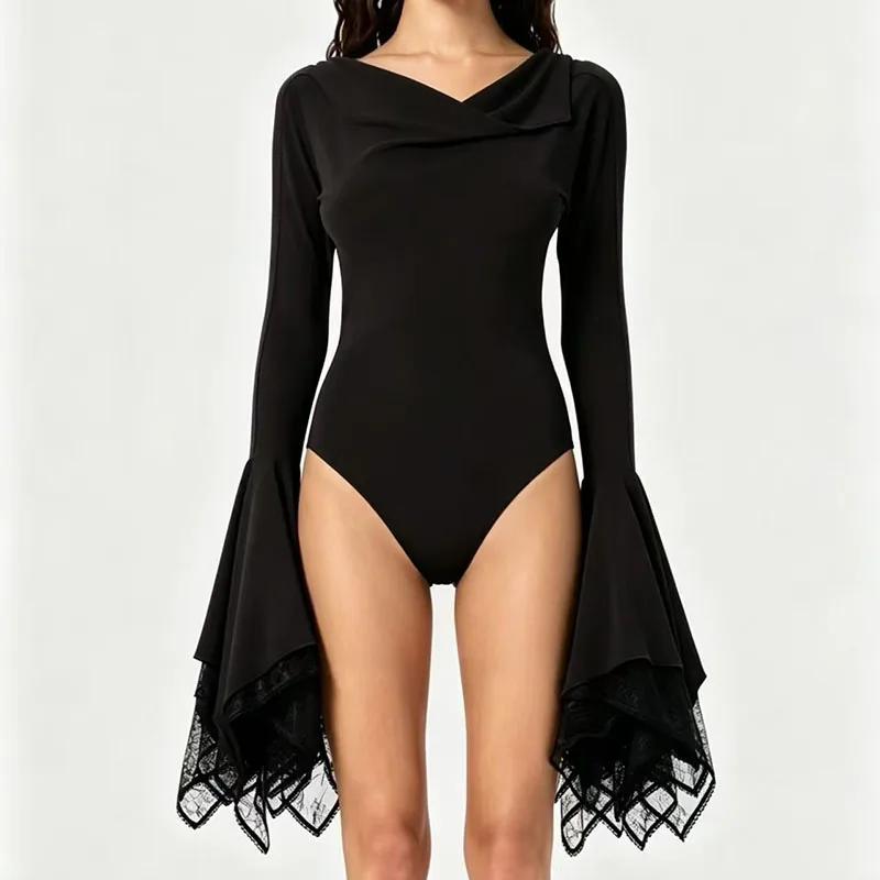 Women’s flared-sleeve jumpsuit, long-sleeved top, casual and versatile lace-trimmed undershirt, 2026, new arrivals, Y2K, corset